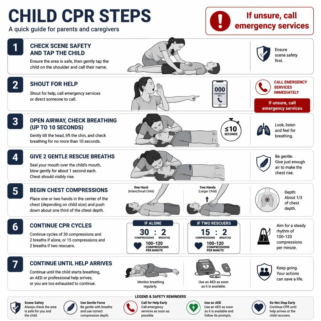 Infographie verticale en 7 étapes sur la RCP enfant, style médical sobre, avec positions correctes et alertes de sécurité.