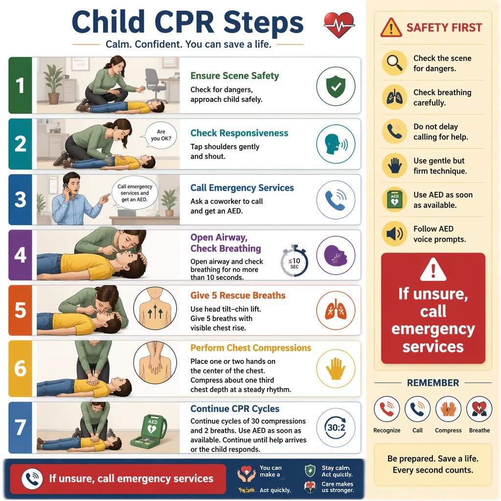 Vertikale Infografik mit 7 nummerierten Child-CPR-Schritten, Warnhinweisen, AED-, Telefon- und Timer-Symbolen im Büro.