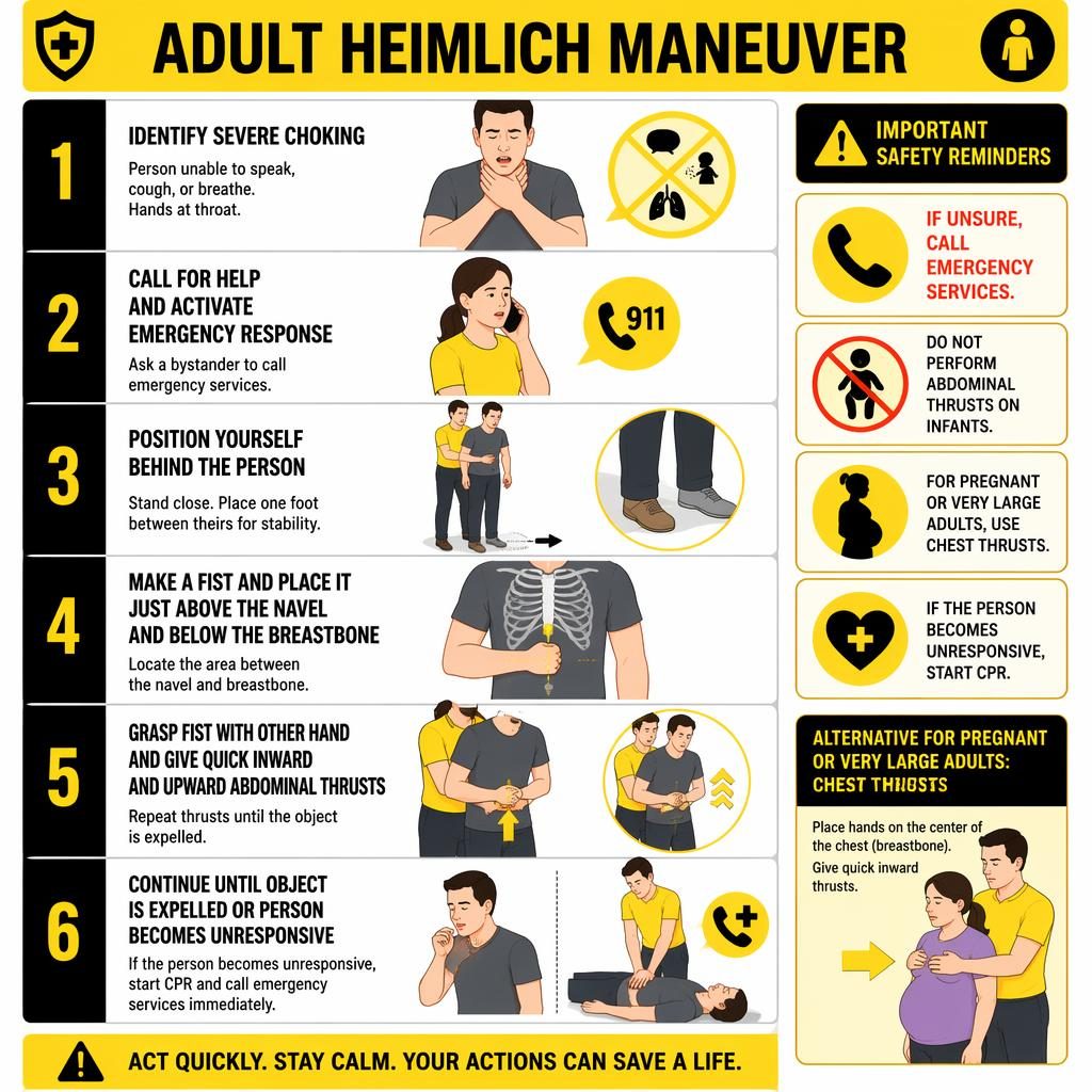 Infografía vertical de 6 pasos sobre la maniobra de Heimlich en adultos, con panel extra de compresiones torácicas.