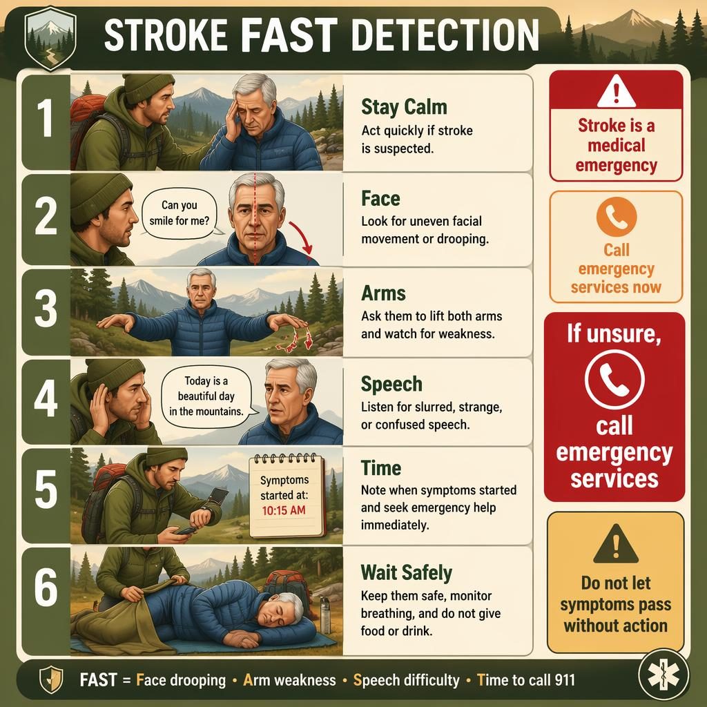 Vertical 6-step stroke FAST infographic for wilderness first aid with outdoor figures, warning callouts, and calm clinical art.