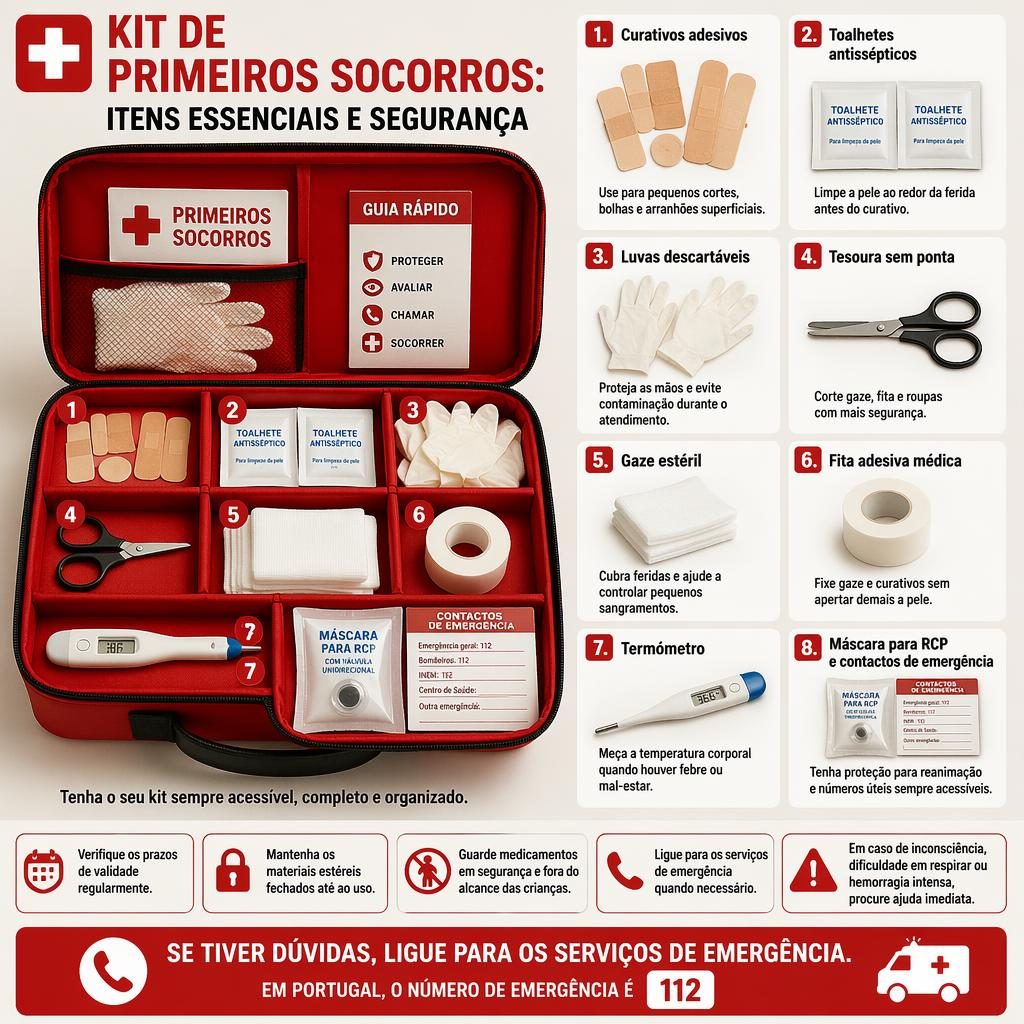 Infográfico médico em vermelho e branco com kit primeiros socorros aberto e 8 itens numerados em português.