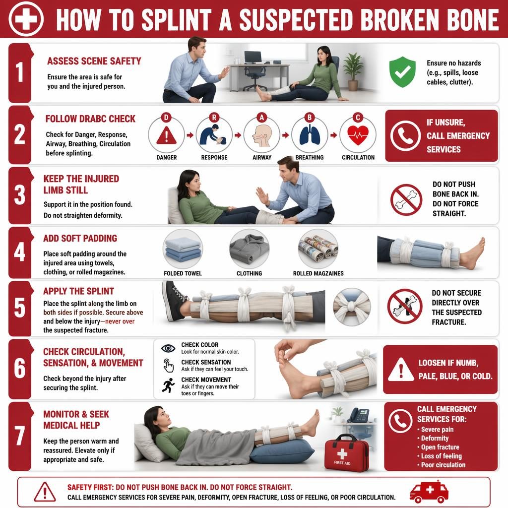 Vertical 7-step first aid infographic showing how to splint a suspected broken bone in an office, red and white sketchnote style.