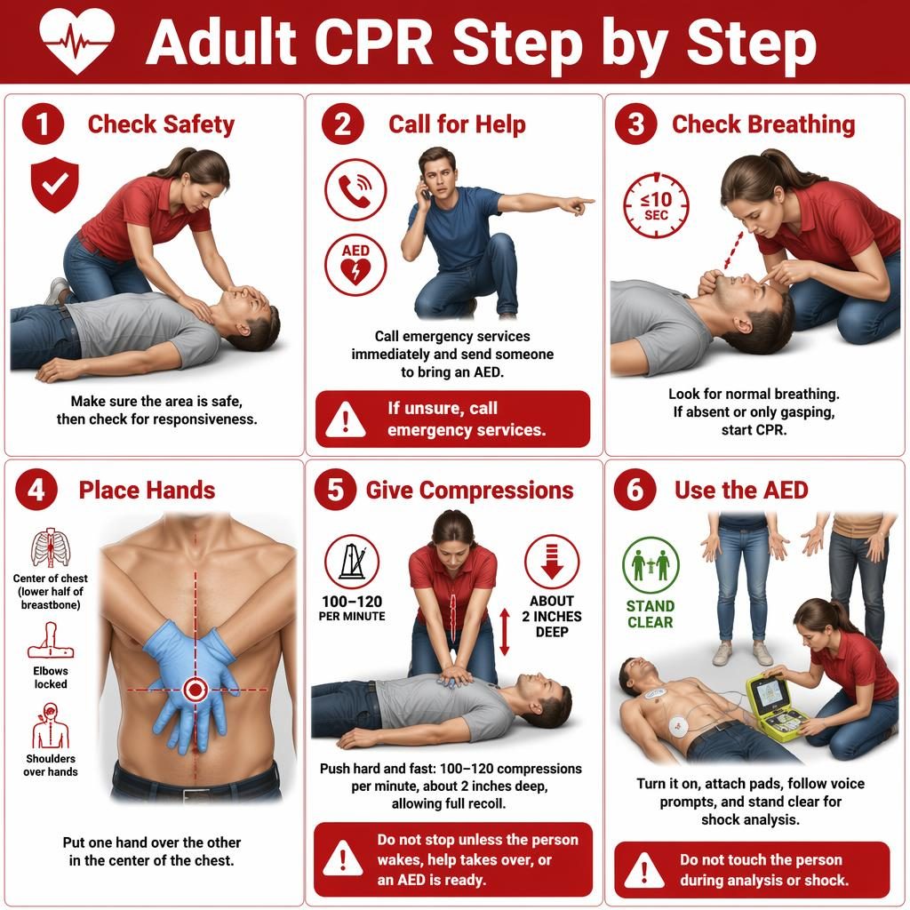 Red and white medical infographic with 6 adult CPR steps, safety callouts, hand placement, compressions, and AED use.