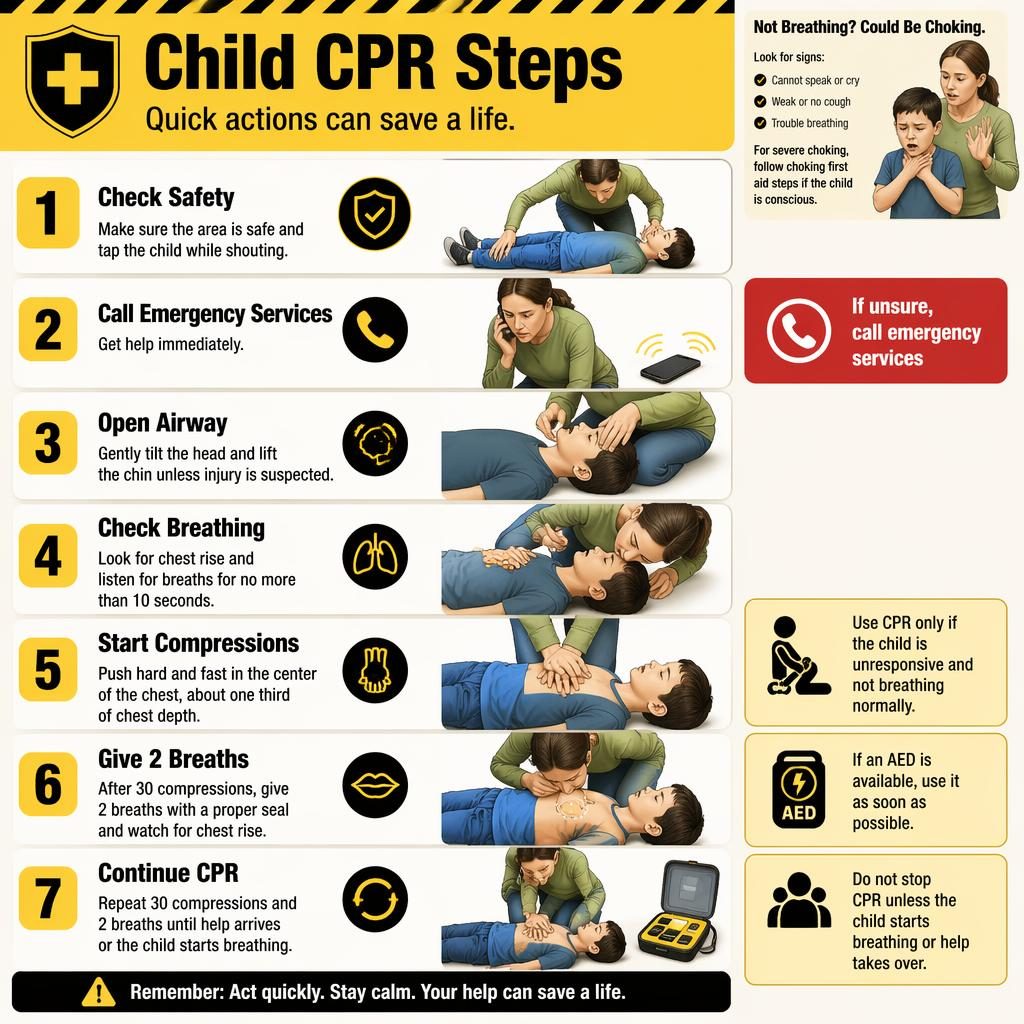 Vertical Child CPR Steps infographic with 7 numbered cards, yellow-black medical icons, child CPR scenes, AED and phone
