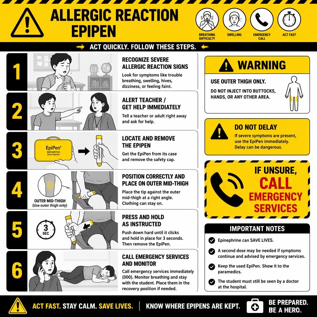 Vertical 6-step classroom infographic showing EpiPen use for severe allergic reaction with student, teacher, warning icons