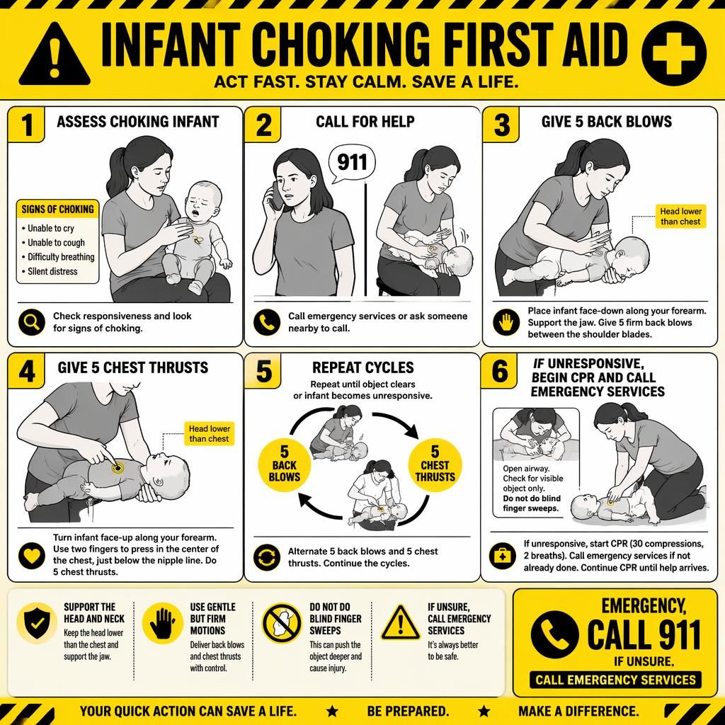 Vertical infant choking first aid infographic with 6 numbered CPR steps, warning callouts, and clinical classroom poster design.