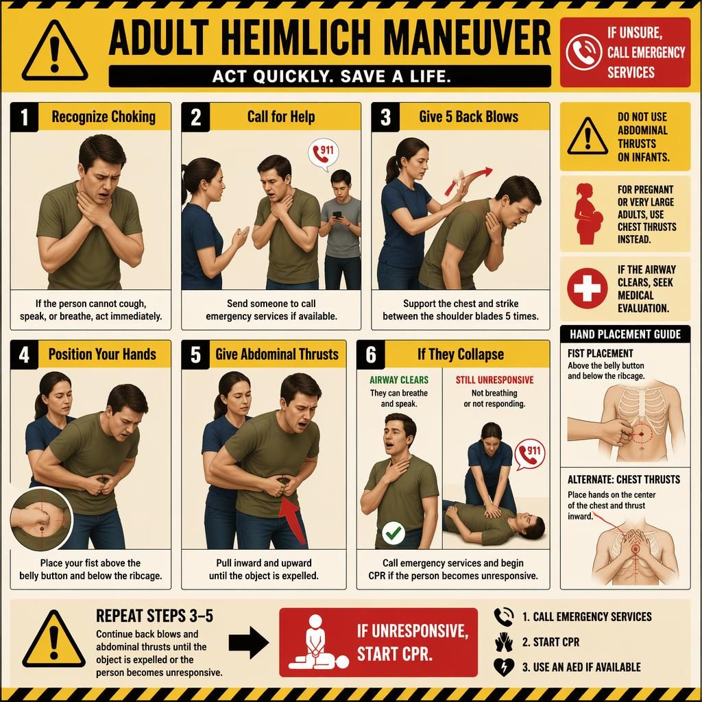 Vertical adult Heimlich maneuver poster with 6 step cards, warning callouts, CPR box, arrows, and yellow-black safety design.