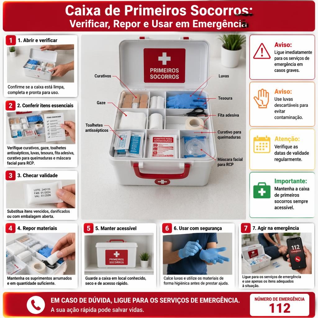 Infográfico médico em português com caixa de primeiros socorros aberta e 7 etapas de verificação, reposição e uso.
