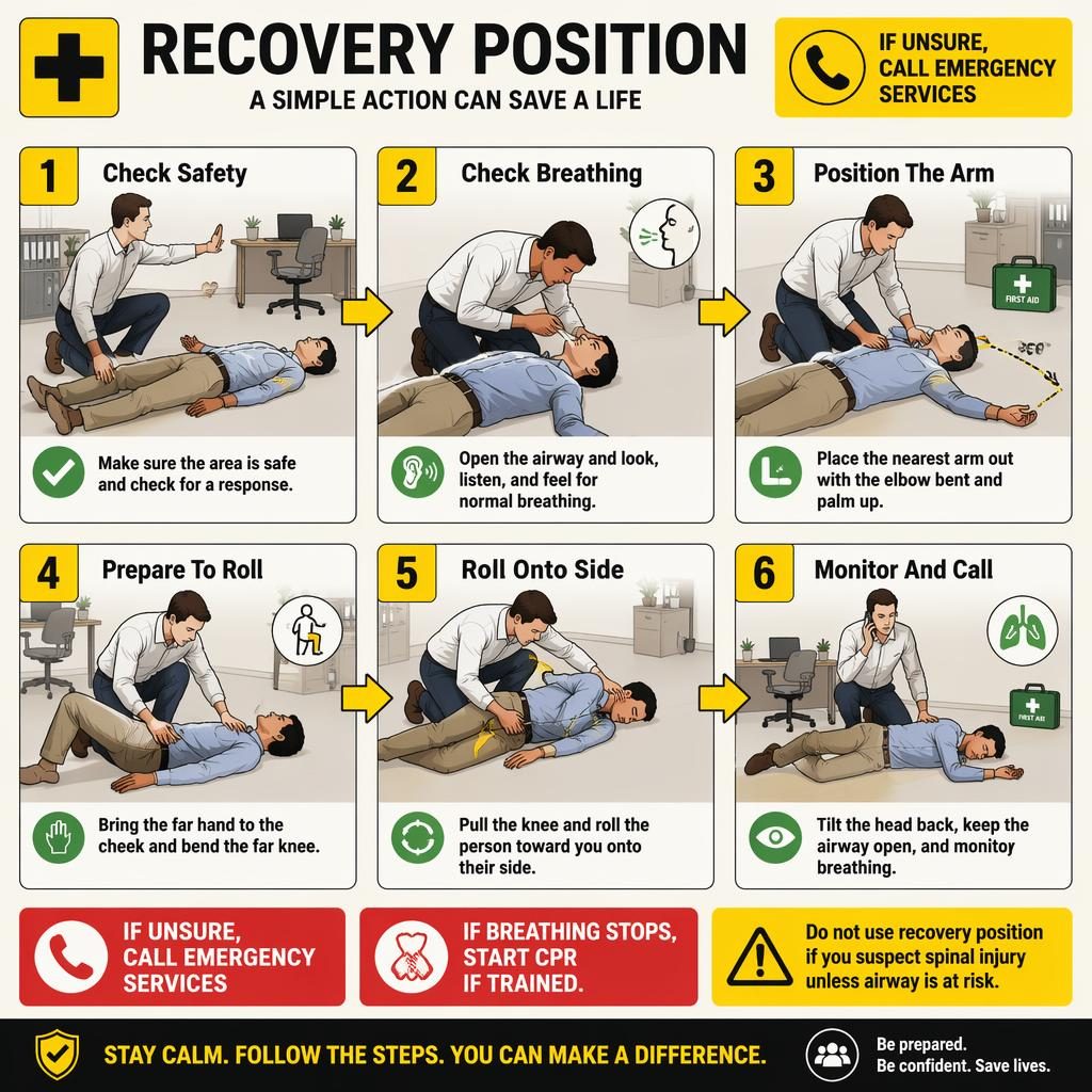 Infographie en 6 étapes sur la position latérale de sécurité au bureau, palette jaune et noir, avec pictogrammes d’alerte.