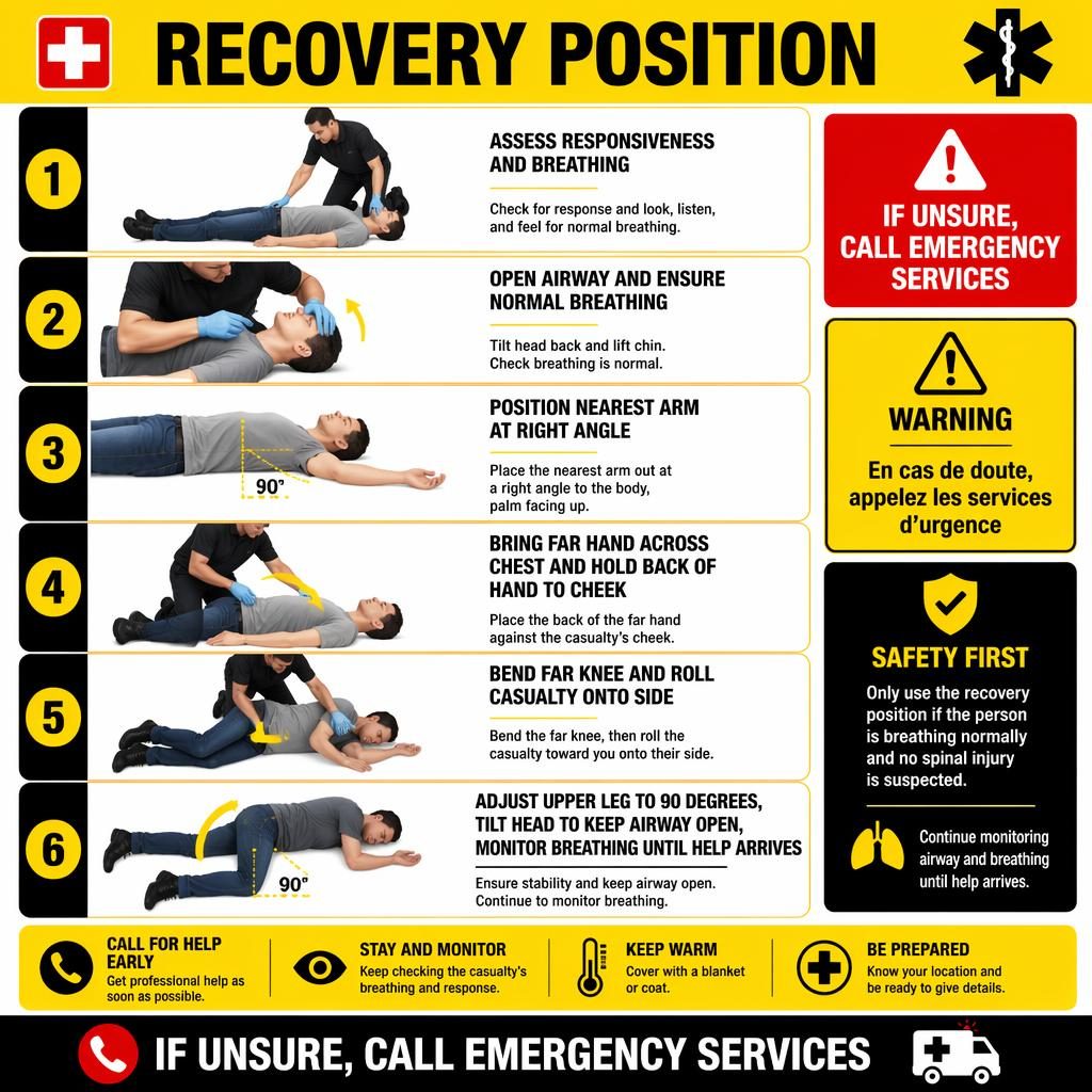 Infographie médicale en 6 étapes sur la position latérale de sécurité, avec panneaux numérotés, pictogrammes et avertissements.