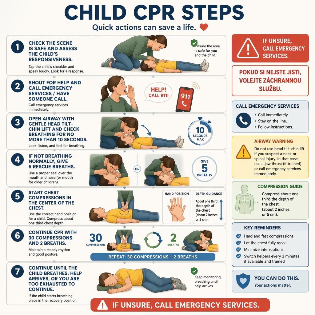 Svislá infografika se 7 kroky Child CPR Steps, klinické ilustrace první pomoci dítěti a české bezpečnostní upozornění.
