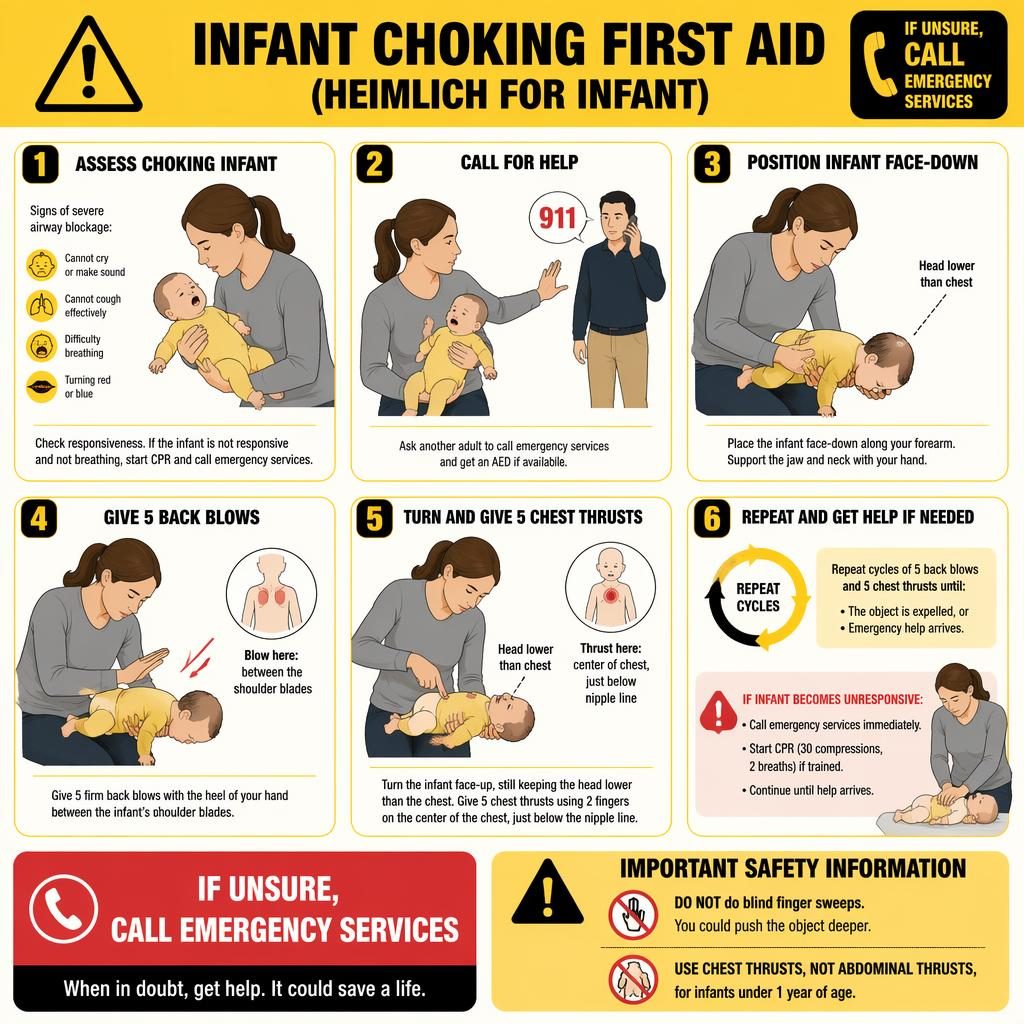Yellow-black infant choking first aid infographic with 6 steps, warning callouts, caregiver and infant CPR positions.