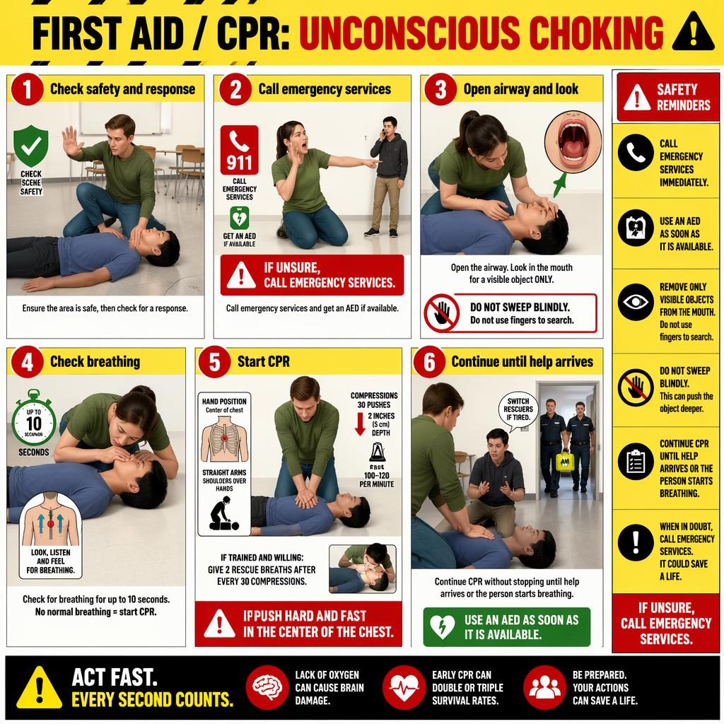 Vertical first aid CPR infographic with 6 numbered steps for unconscious choking, warning icons, CPR posture, AED cues.