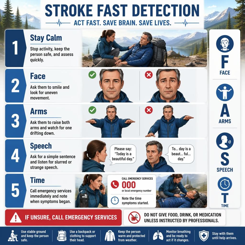 Vertical 5-step Stroke FAST Detection infographic with outdoor medical scenes, blue-white clinical cards, phone alert, and safety callouts.