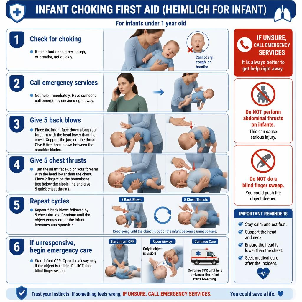 Blue and white infant choking first aid infographic with 6 steps, warning callouts, and caregiver CPR actions.