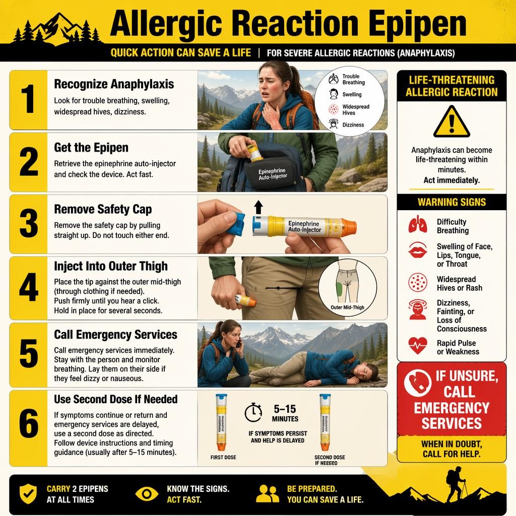 Vertical 6-step infographic showing Epipen use for an allergic reaction outdoors with yellow black safety icons.