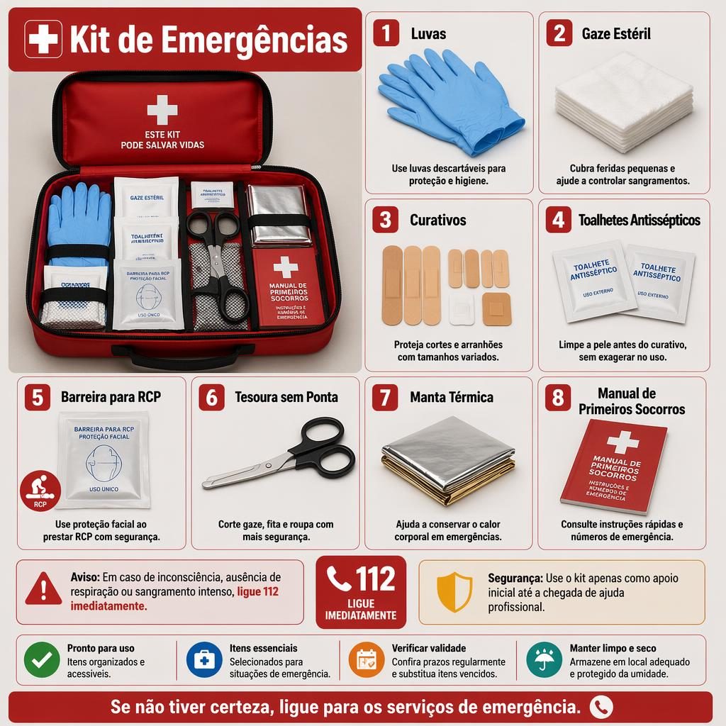 Infográfico clínico em português com 8 passos de um kit emergencias aberto, itens organizados e avisos de segurança.