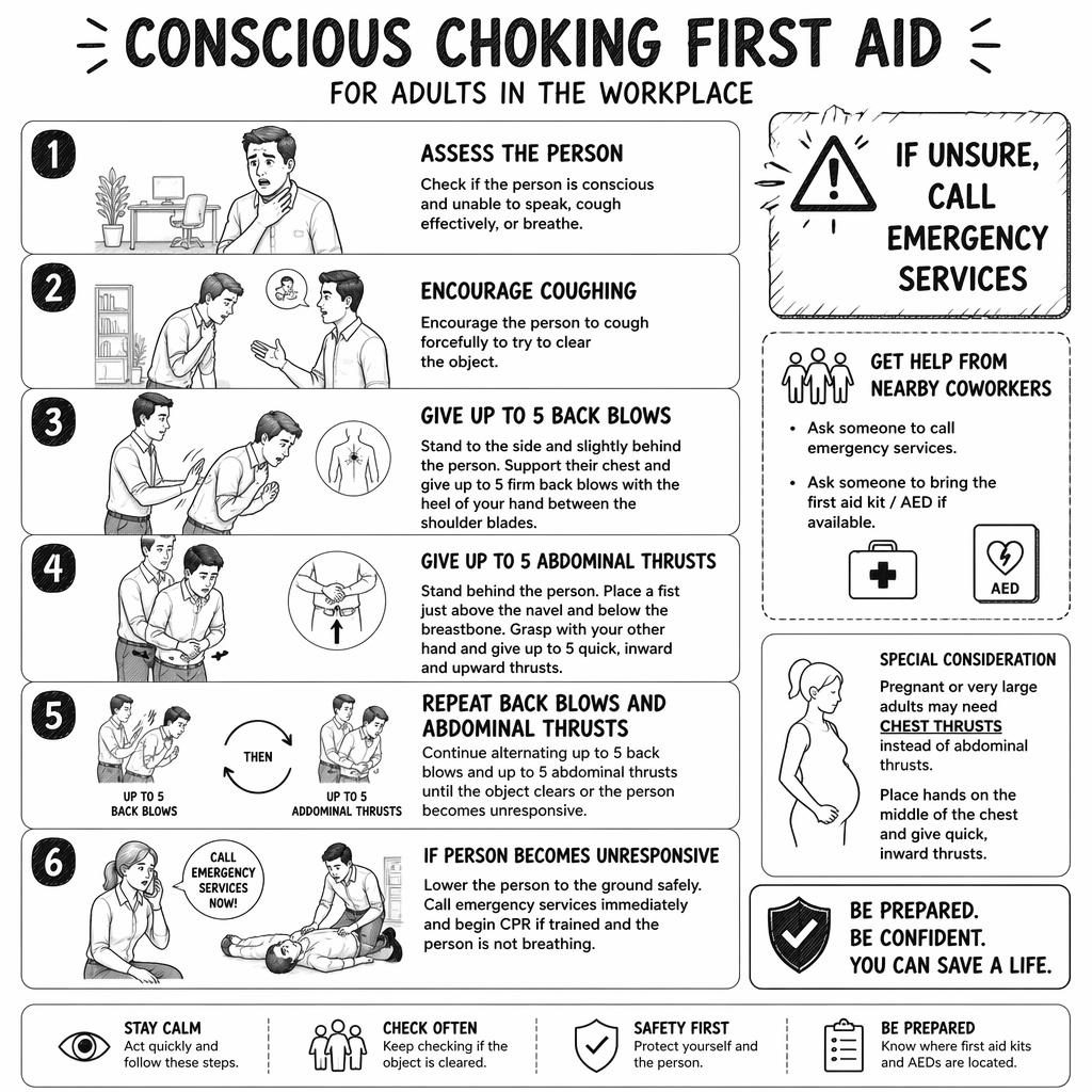 Vertical 6-step office first aid infographic showing conscious choking response, back blows, abdominal thrusts, CPR warning