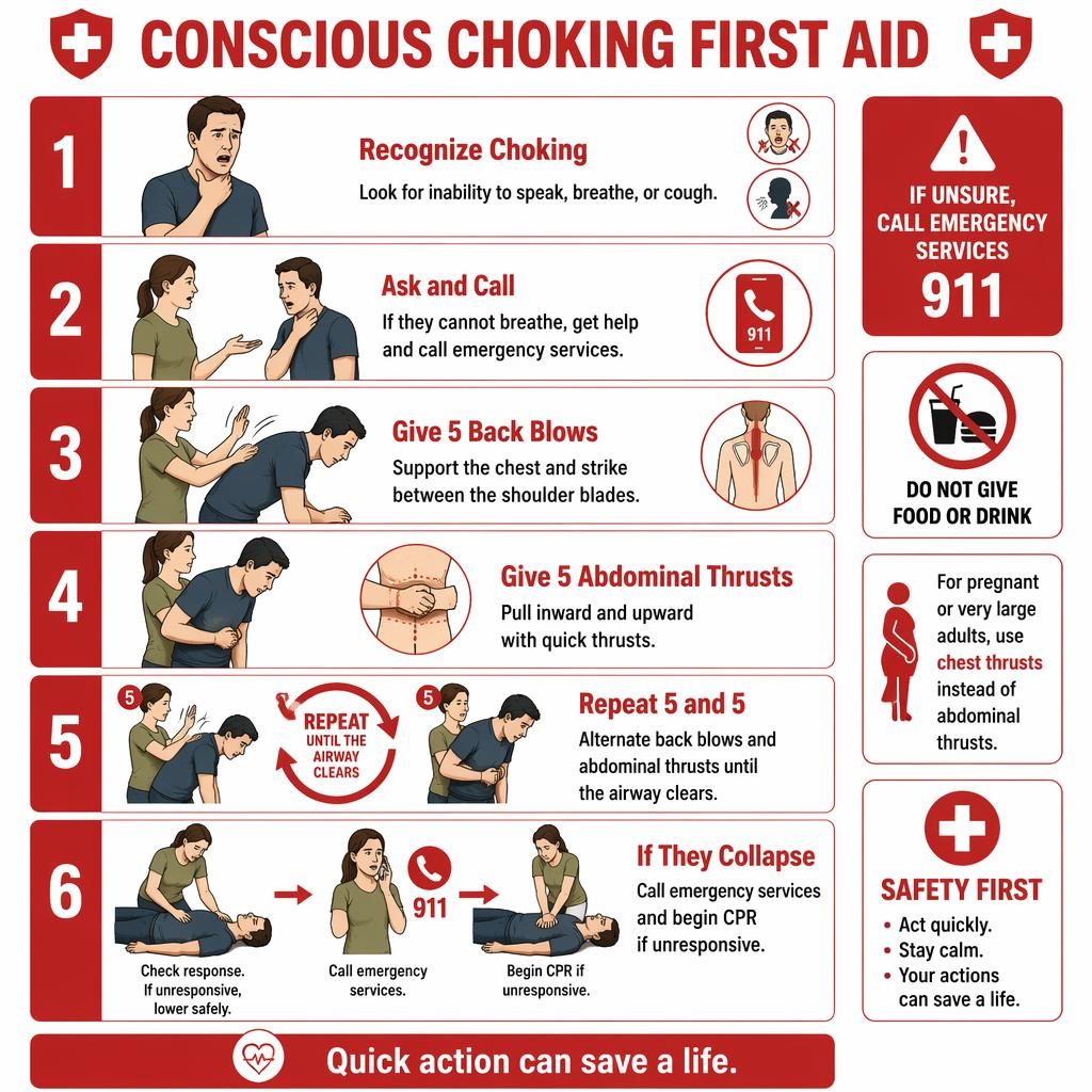 Infografía vertical de 6 pasos sobre primeros auxilios por atragantamiento consciente, en rojo y blanco, con ilustraciones clínicas.
