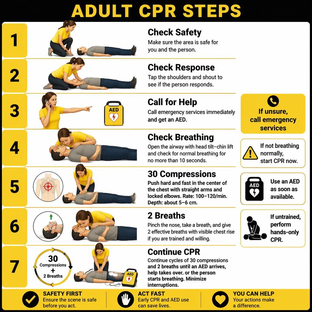 Infographie verticale de 7 étapes de RCP adulte, style médical jaune et noir, avec cartes numérotées et repères AED.