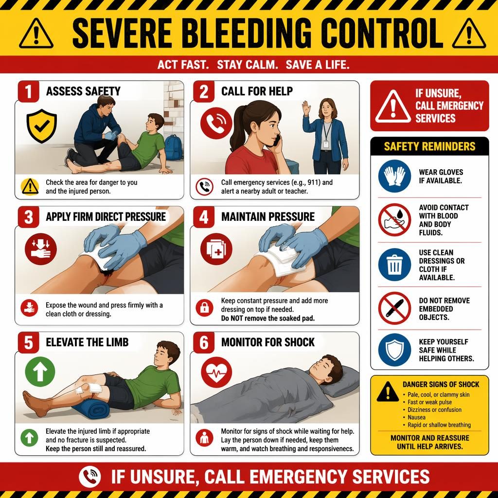 Vertical classroom infographic poster showing 6 severe bleeding control steps with safety icons, warning callouts, gloves and phone.