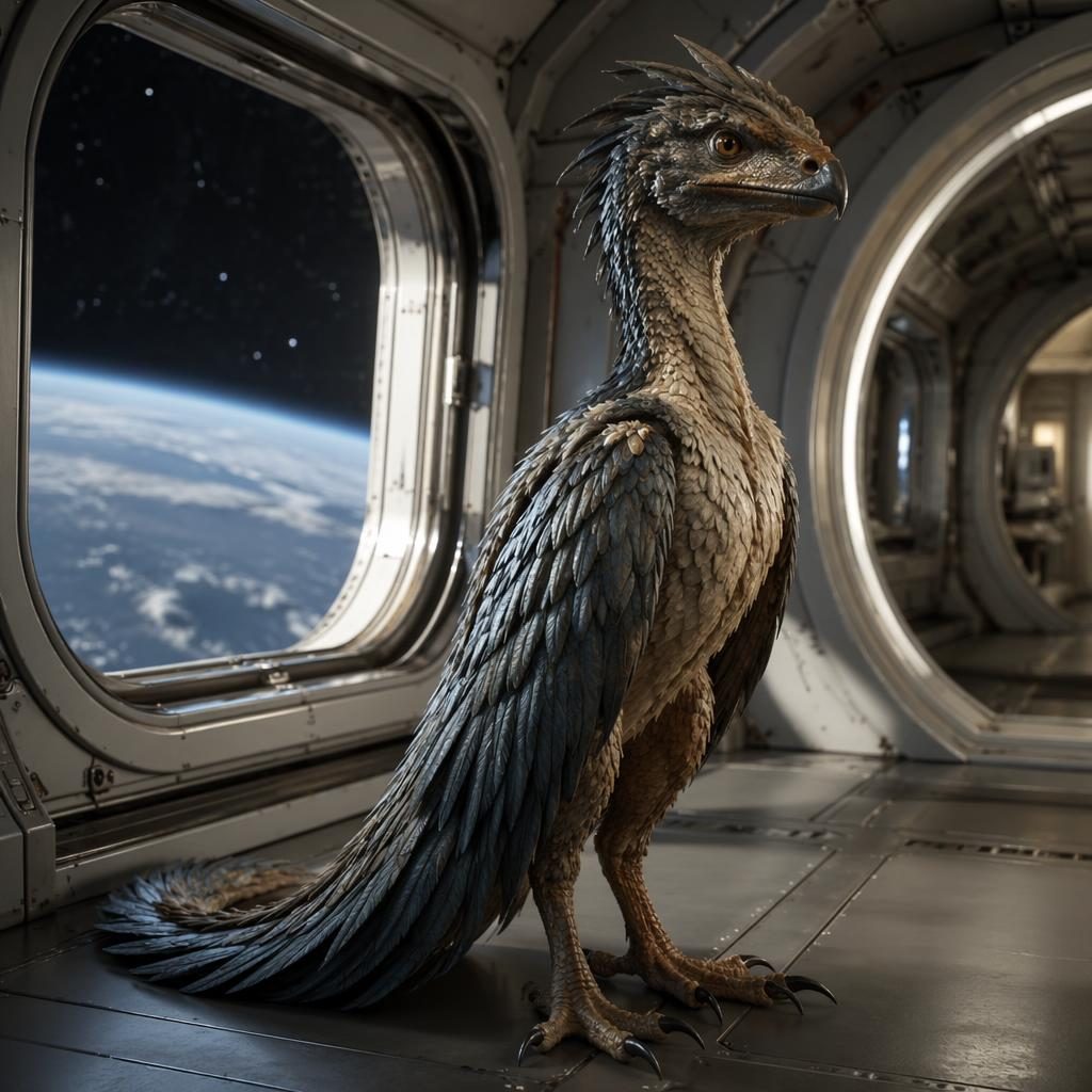Photorealistic reptilian-avian mascot creature posed in an orbital habitat with window light and clear scale reference