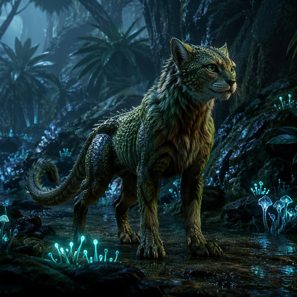 Photorealistic alien feline-reptile creature standing in a bioluminescent jungle with glowing plants and rocks