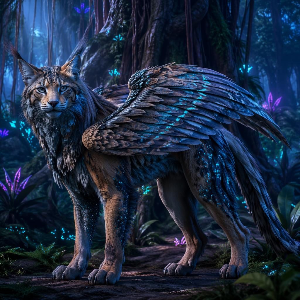 Criatura mitológica alada con rasgos felinos y aviares en un claro de jungla bioluminiscente con plantas brillantes