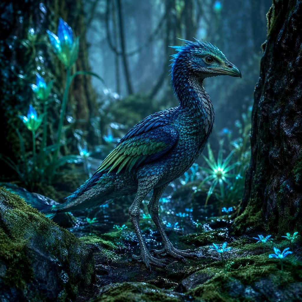 Ein einzelnes reptilien- und vogelartiges Alienwesen steht ruhig in einem biolumineszenten Dschungel mit Nebel.