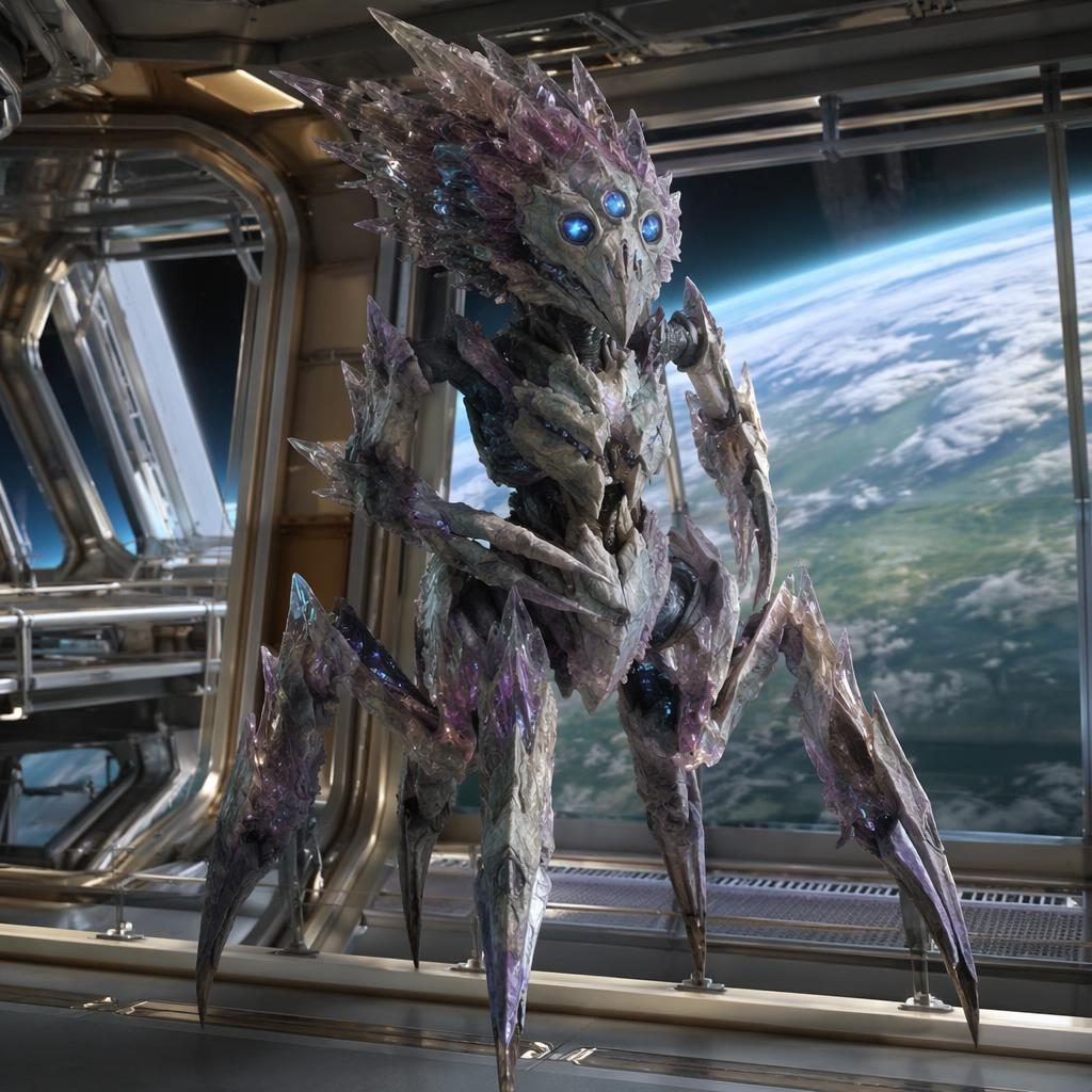 Medium human-sized alien creature with three luminous eyes, crystal arthropod body, and reflective limbs in an orbital habitat