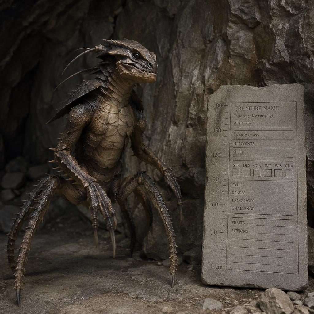Photoreal mythic reptile-arthropod mascot in cave tunnels beside a stone tablet with fantasy data layout marks.