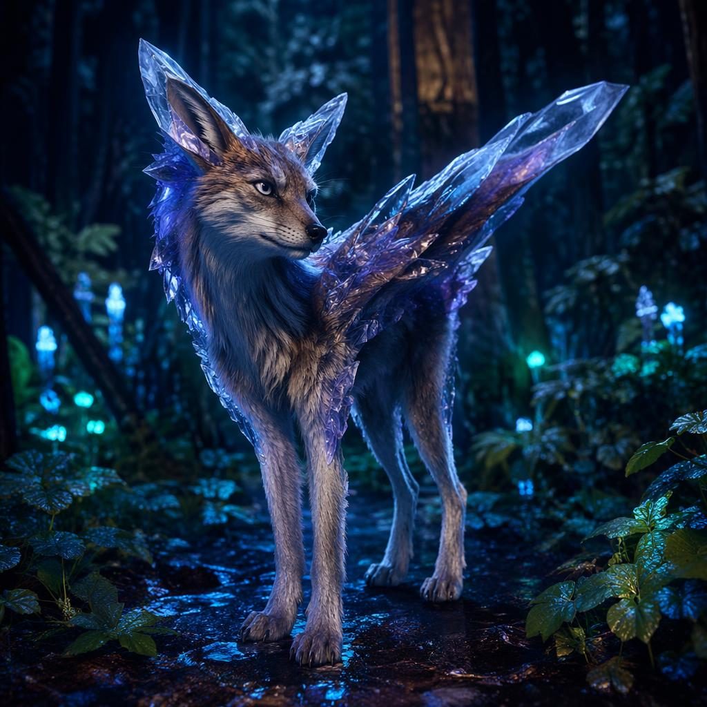 Rustig aliendier met subtiele Y-vorm, vacht en kristalplaten, staand in een bioluminescente jungle