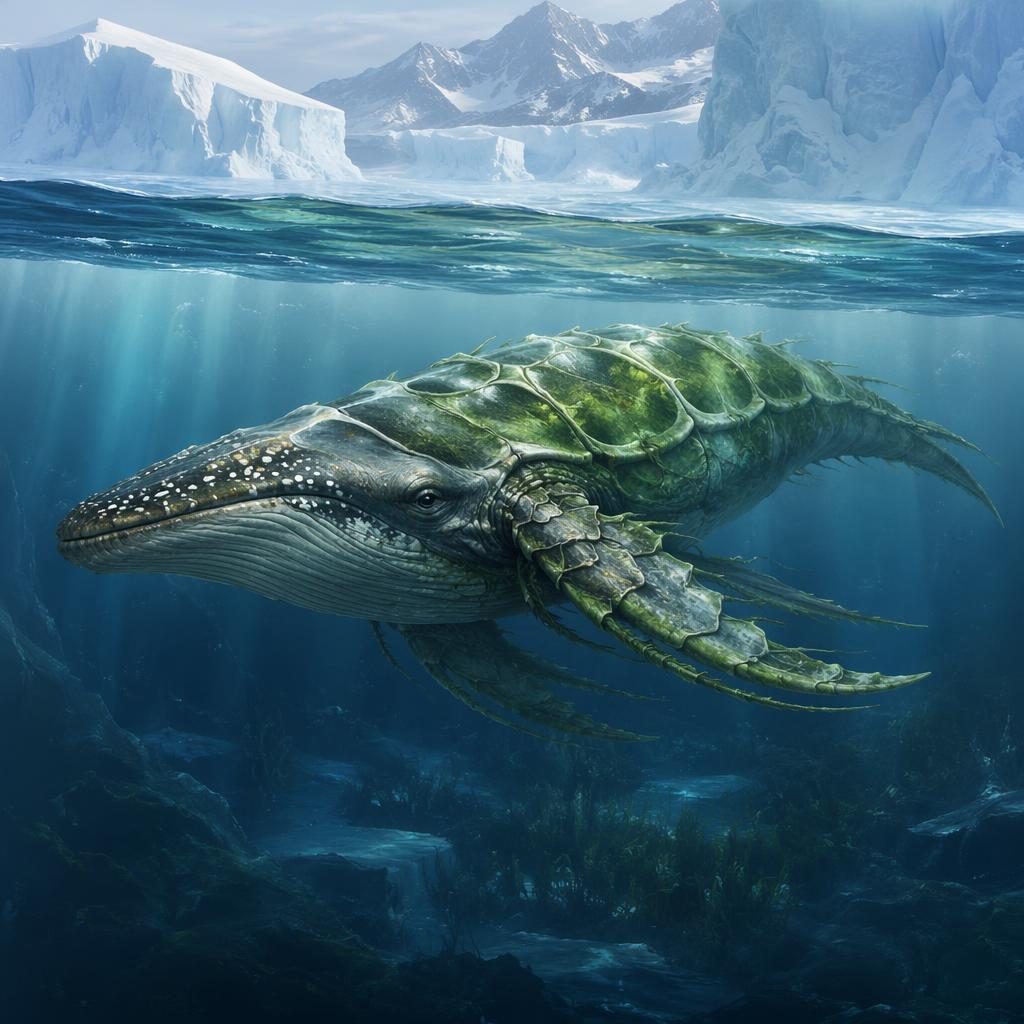 Concept art of a calm underwater photosynthetic whale with reptilian and arthropod traits in an icy alien habitat