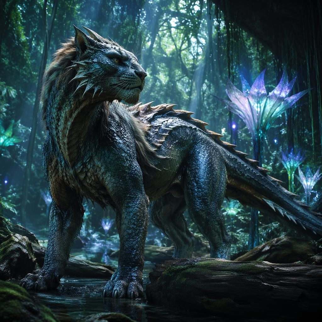 Photorealistic reptile-feline creature Vorthax standing in a bioluminescent jungle beside glowing plants and fallen logs