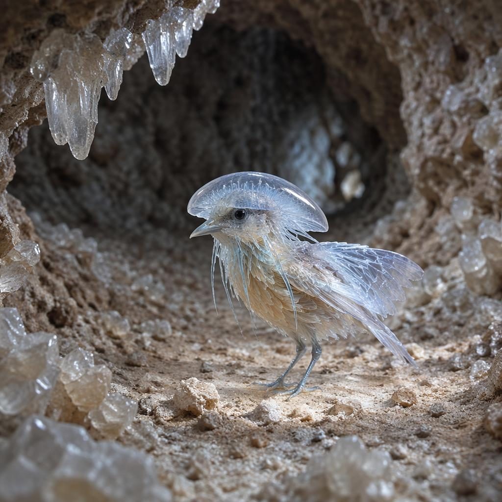 Photoreal tiny crystalline jellyfish bird in underground tunnels, calm pose, natural light, believable hybrid anatomy