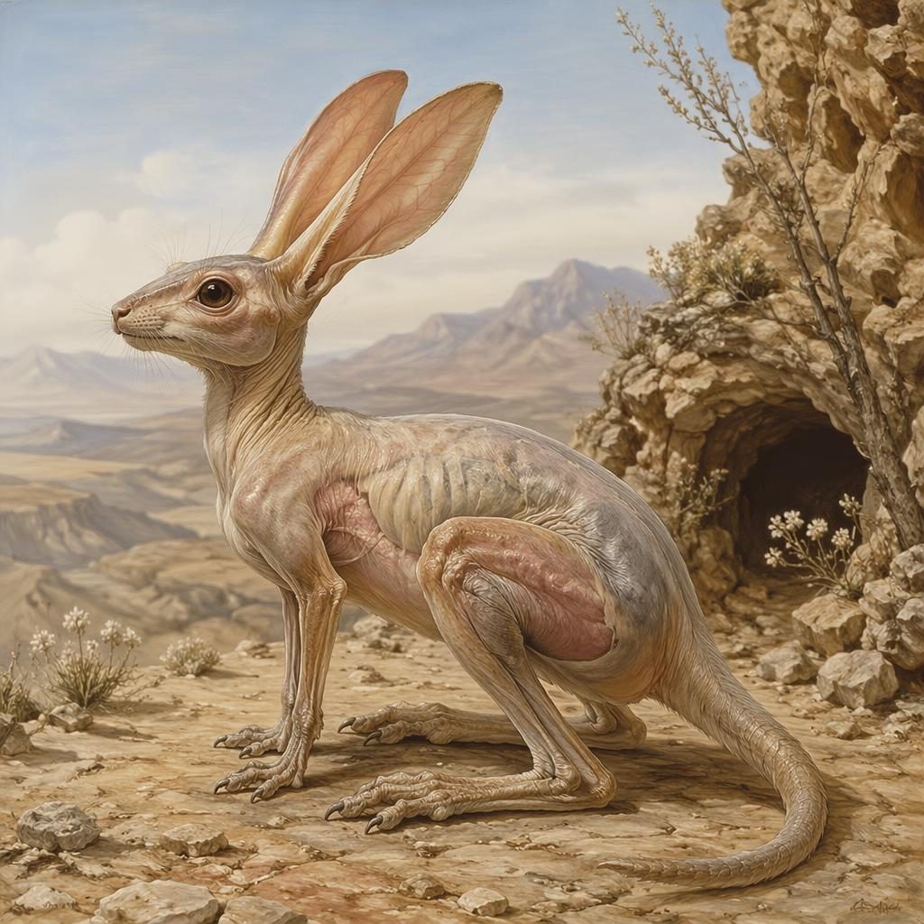 Créature reptilienne imaginée, taille petit chien, peau translucide, allure de lièvre du désert, dans un habitat orbital