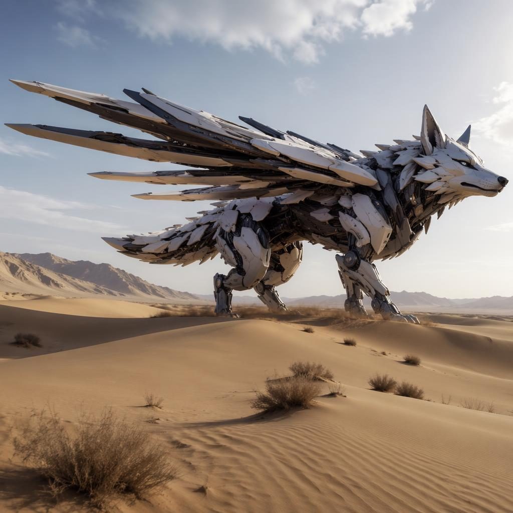 A colossal cybernetic mecha wolf stands calmly on desert dunes in natural light, shown in documentary-style wildlife photography.