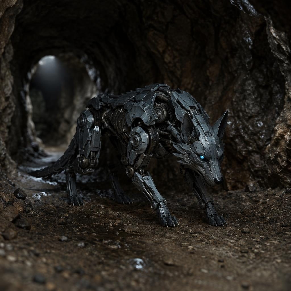 Petit loup mécha cybernétique photoréaliste, seul dans des tunnels souterrains, avec lumière naturelle et détails plausibles.