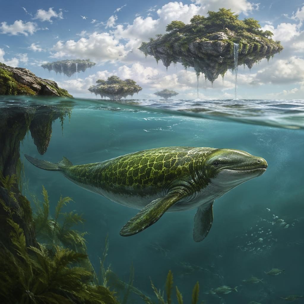 Natural history style illustration of a small underwater photosynthetic whale in floating sky islands habitat