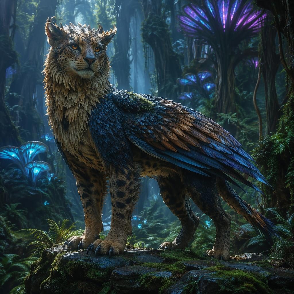 Photorealistic Aurelion creature with feline-avian traits in a bioluminescent jungle, standing by mossy rocks