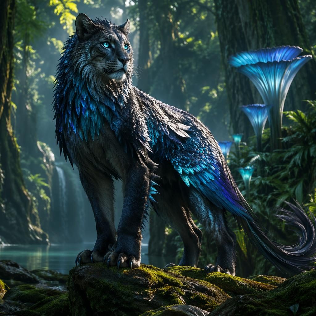 Créature fantastique féline et aviaire dans une jungle bioluminescente, près de plantes lumineuses et rochers moussus
