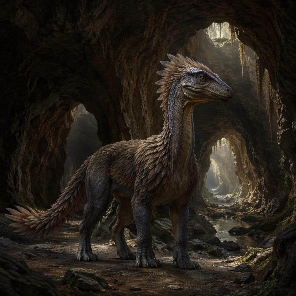 Gefiederte Dinosaurier-Katzen-Hybride in ruhiger Haltung in unterirdischen Tunneln, natürlich beleuchtet, als Concept Art