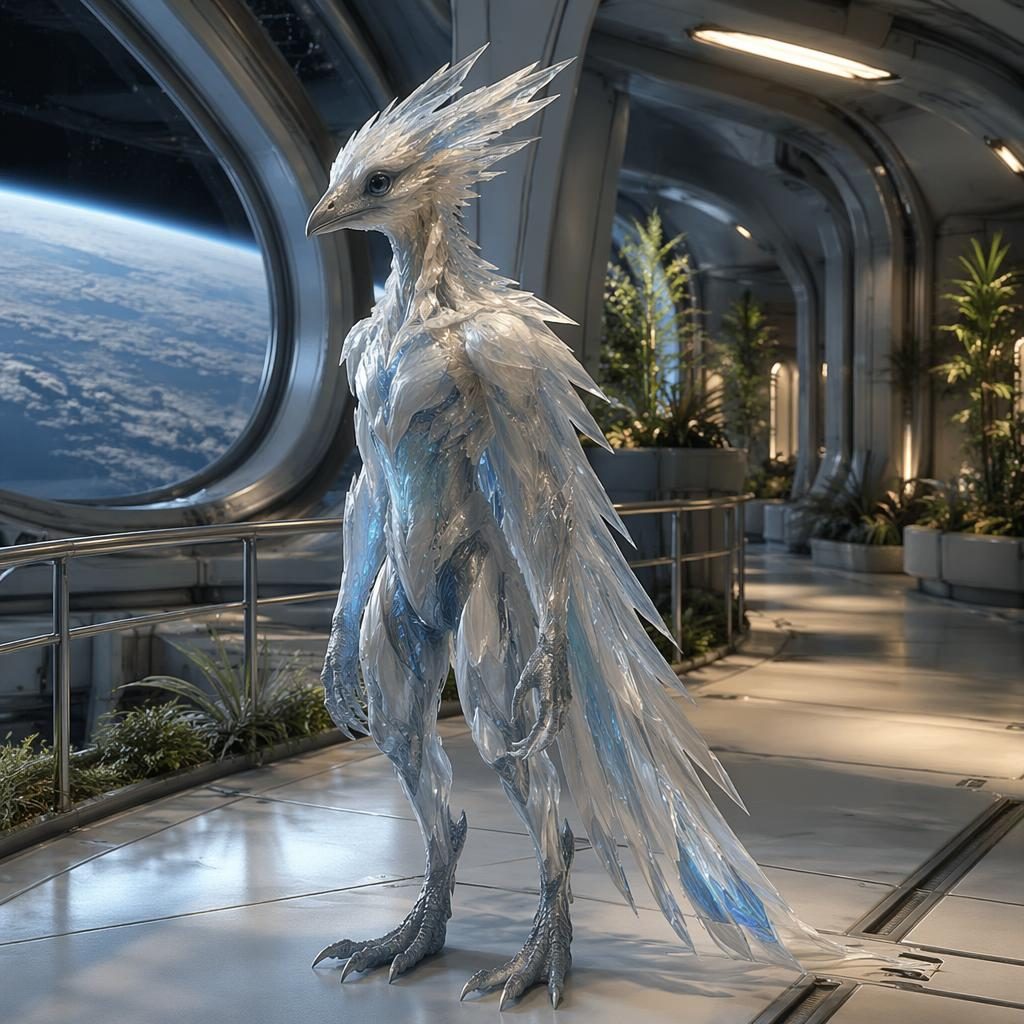 Biomechanisches Kristallwesen mit vogelartigen Formen in futuristischer Orbitalstation, beleuchtet von natürlichem Fensterlicht