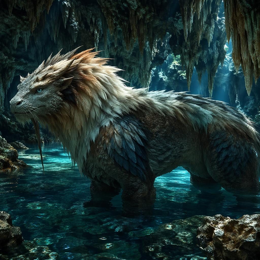 Documentary-style image of a giant feathered dinosaur cat hybrid in a crystal cave, calm underwater and whale-sized.