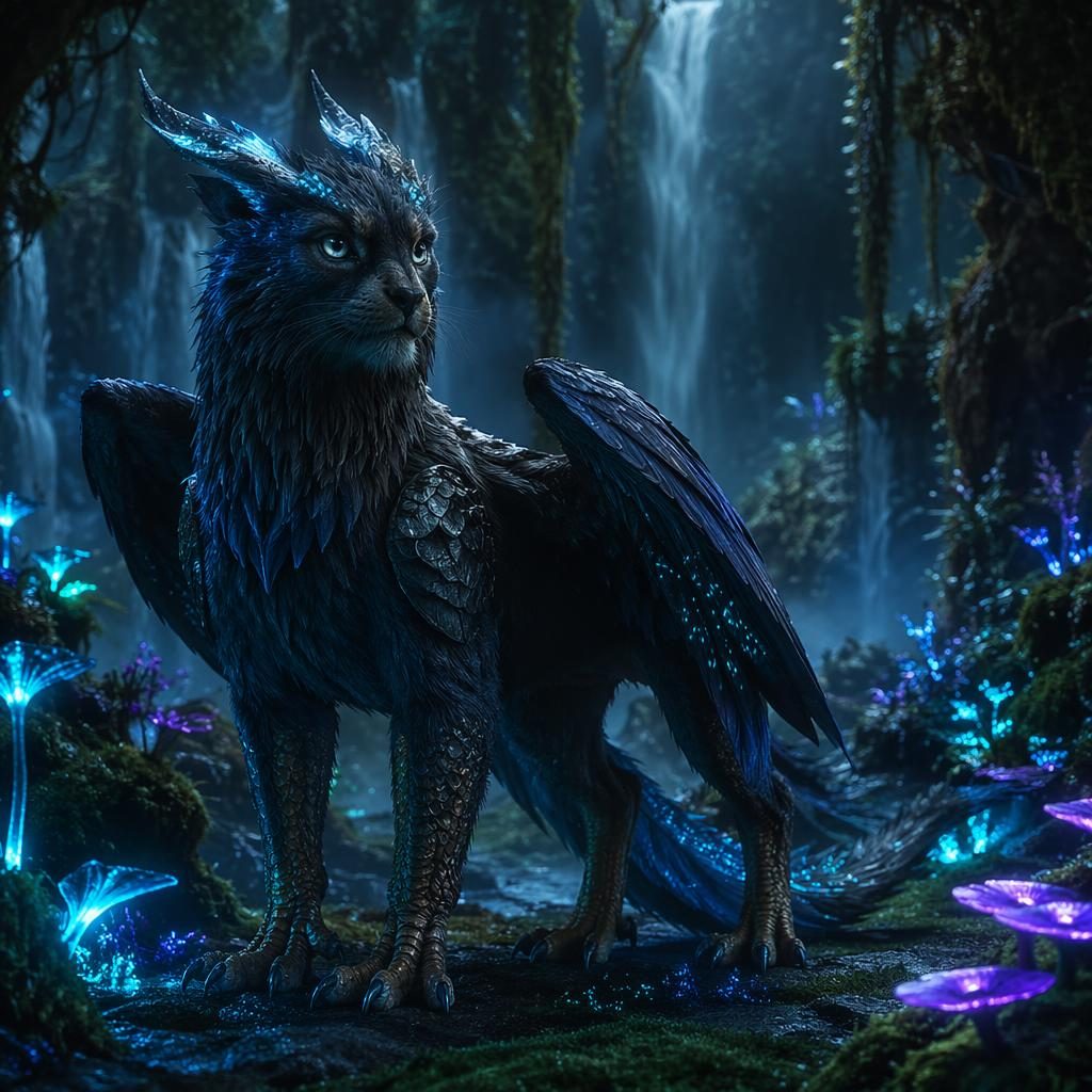 Criatura mítica felina-aviar de gran tamaño en una selva bioluminiscente, con alas, pelaje plumoso y niebla