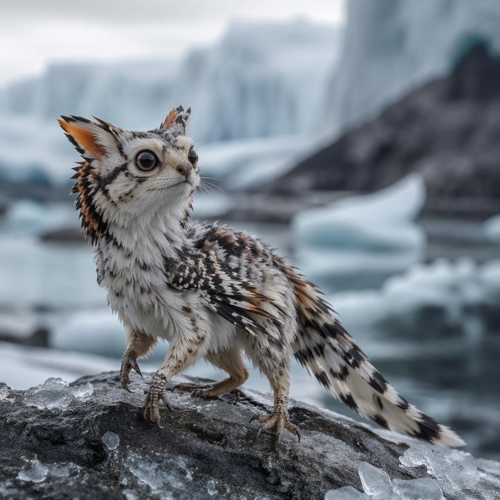 Pequeña criatura imaginaria híbrida de gato y dinosaurio emplumado sobre hielo, con rasgos reptilianos y de artrópodo