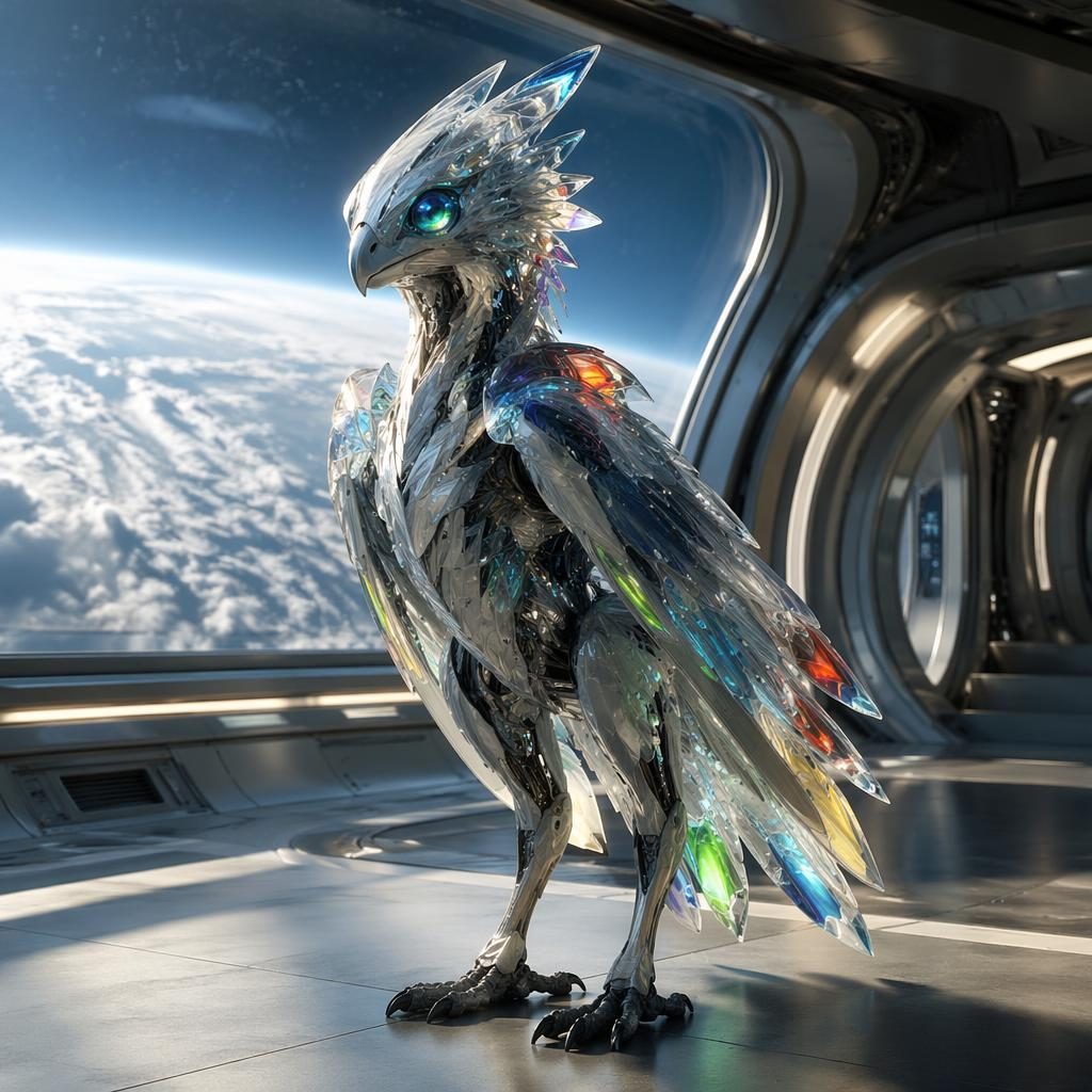 Créature biomécanique cristalline inspirée de Google IA, debout dans un habitat orbital futuriste éclairé par de larges baies