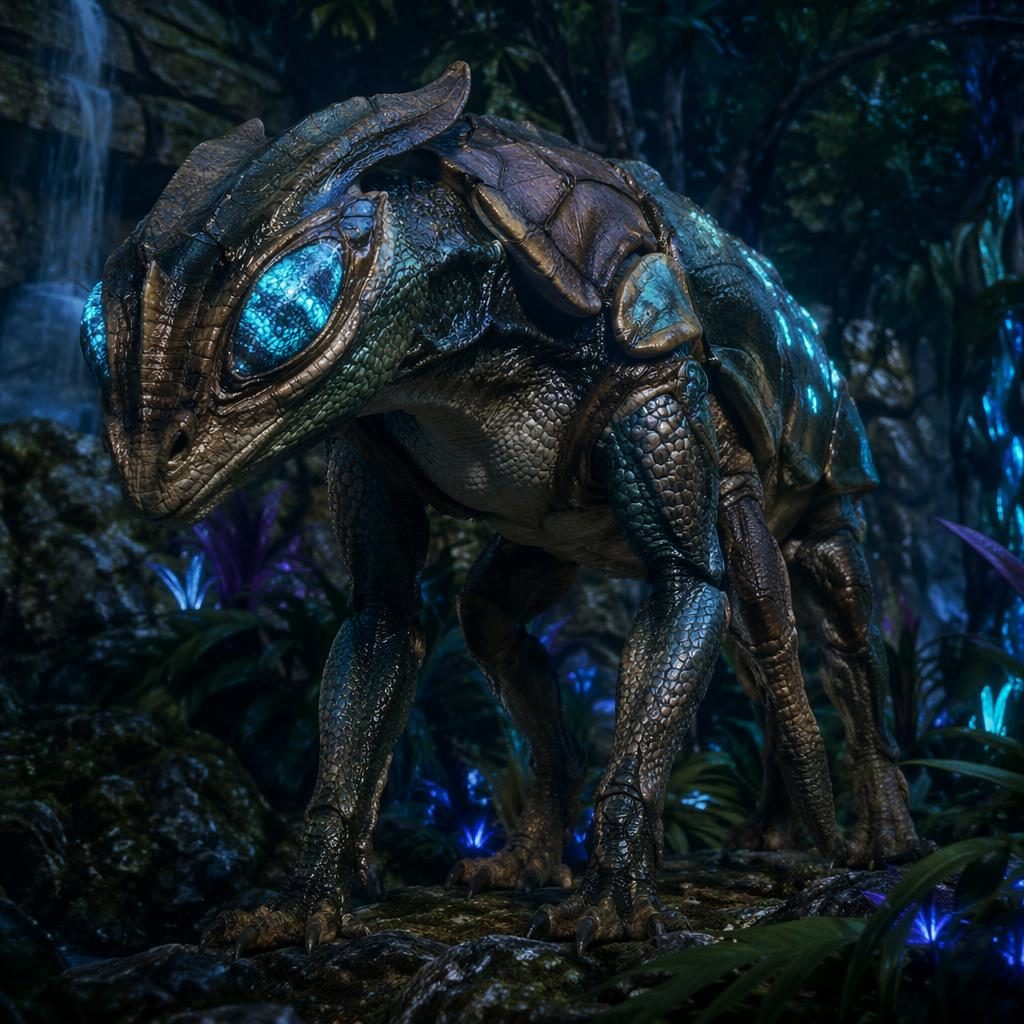 Photorealistic hybrid creature with reptilian and insectoid traits standing in a glowing jungle beside rocks and dense plants