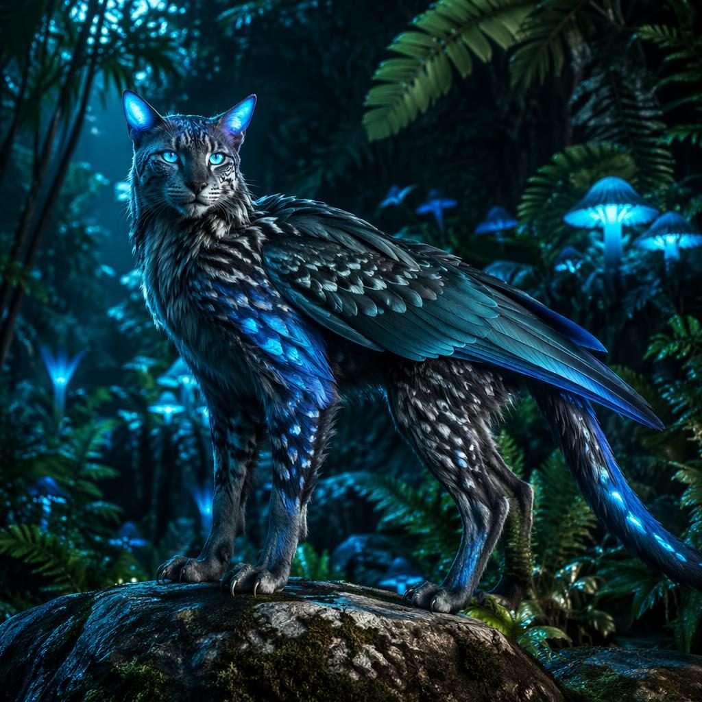 Ein einzelnes alienartiges Wesen mit Katzenkörper, Flügeln und Federfell steht im biolumineszenten Dschungel.