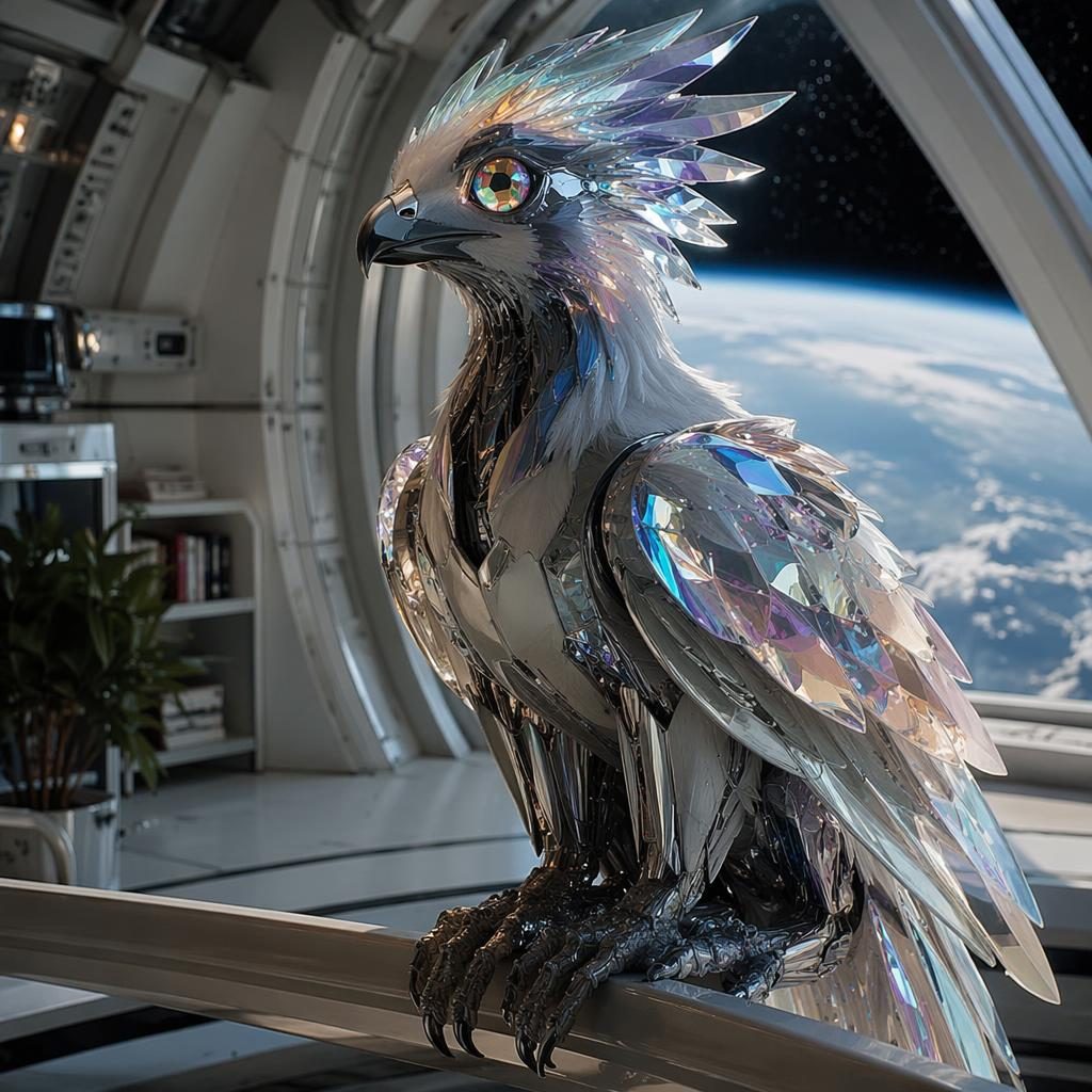 Creatura bio-meccanica con piume di cristallo iridescenti appollaiata in un habitat orbitale futuristico.